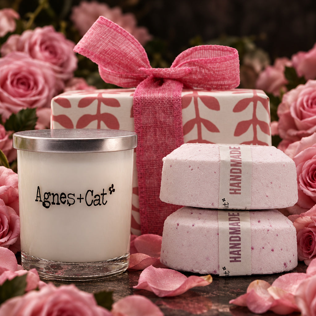 Set con bomba de baño Peonías, Té y Rosas y vela Café y Nueces