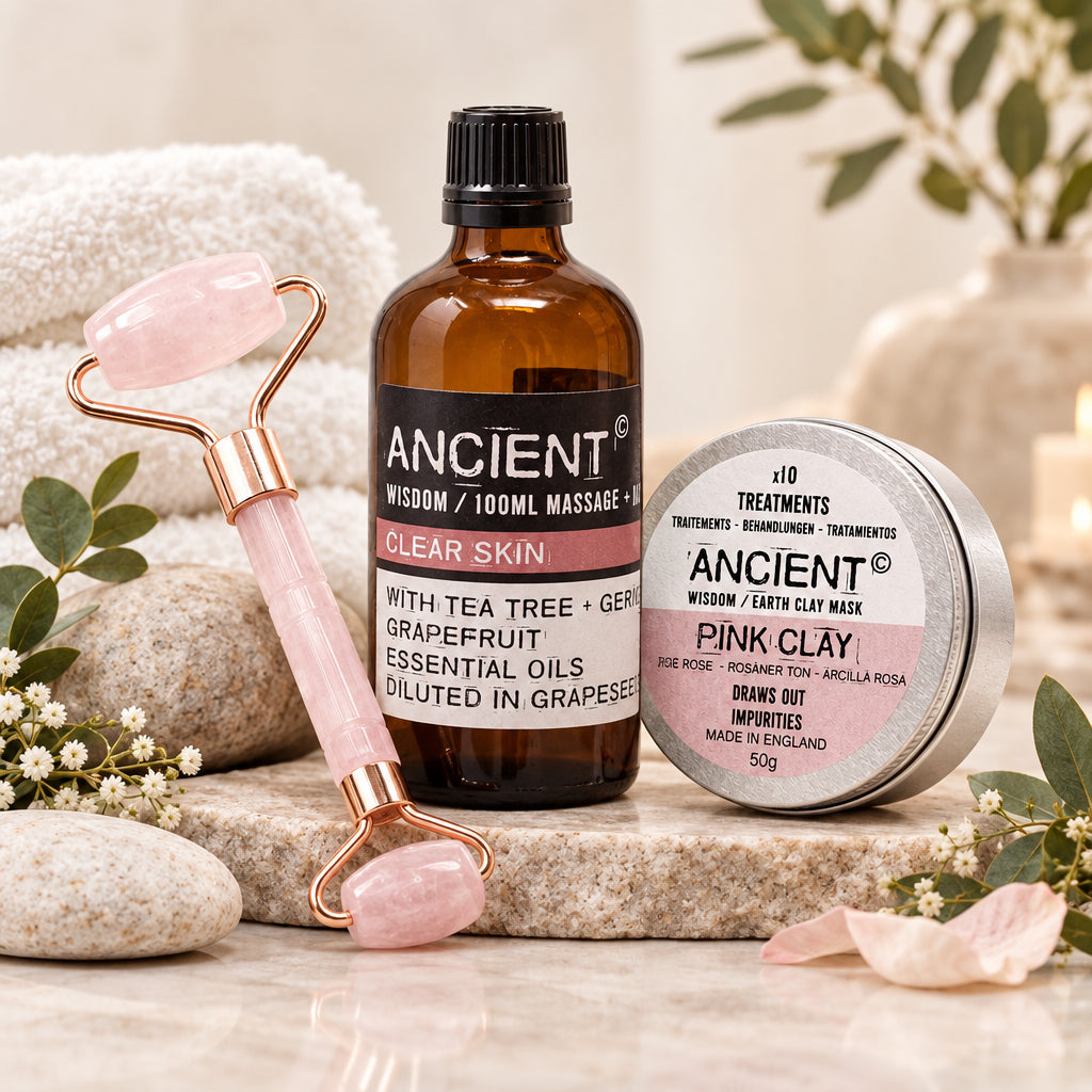 Set cuidado facial Piel seca con rodillo y arcilla rosa