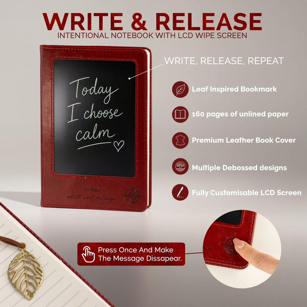 Cuaderno con pantalla LCD A5 efecto cuero rojo