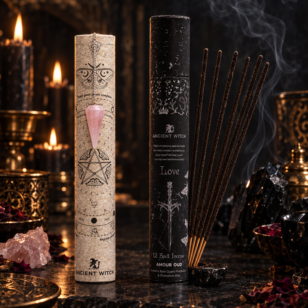 Incienso Brujas Antiguas Amor con péndulo de cuarzo rosa