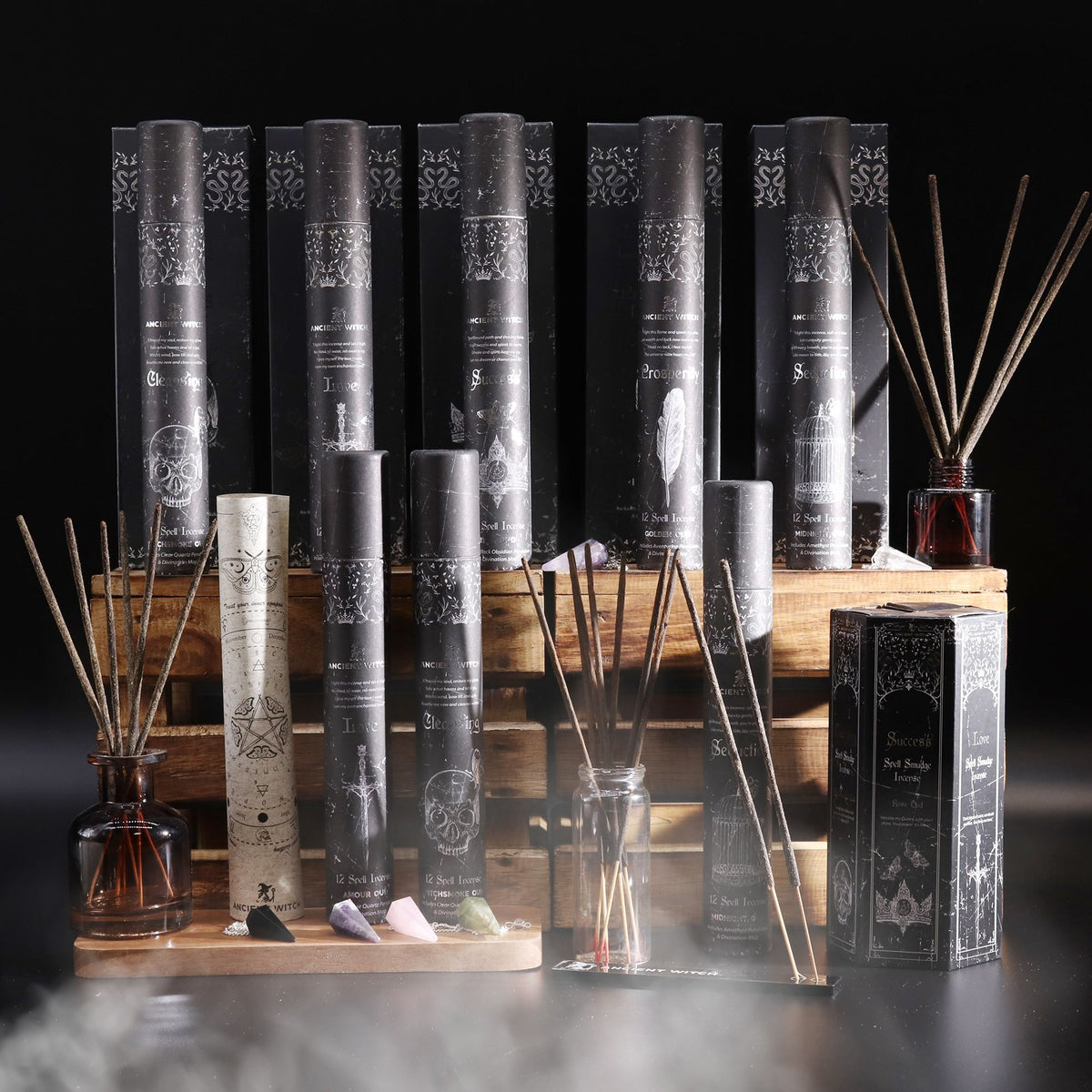 Incienso Brujas Antiguas set piramidal de 5 aromas con péndulos
