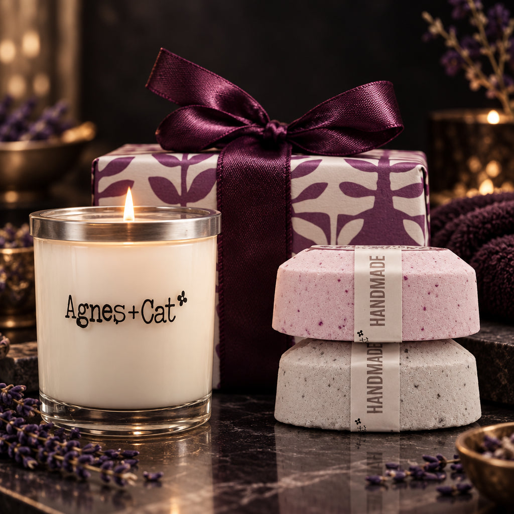 Set con bombas de baño Provence y Té y Rosas, y vela Piedra Lunar
